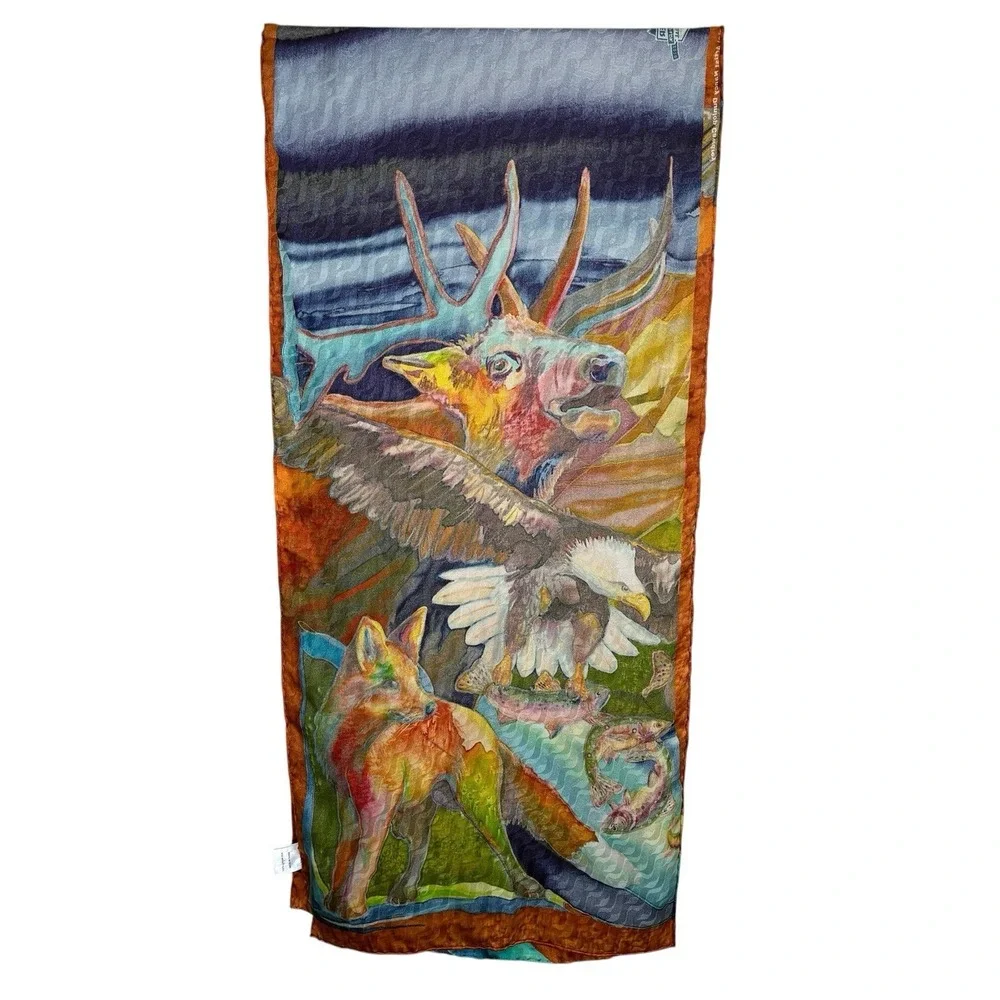 Glacier National Park Centennial Silk Scarf Nancy Dunlop Cawdrey 13X60 Wildlife - Picture 4 of 8